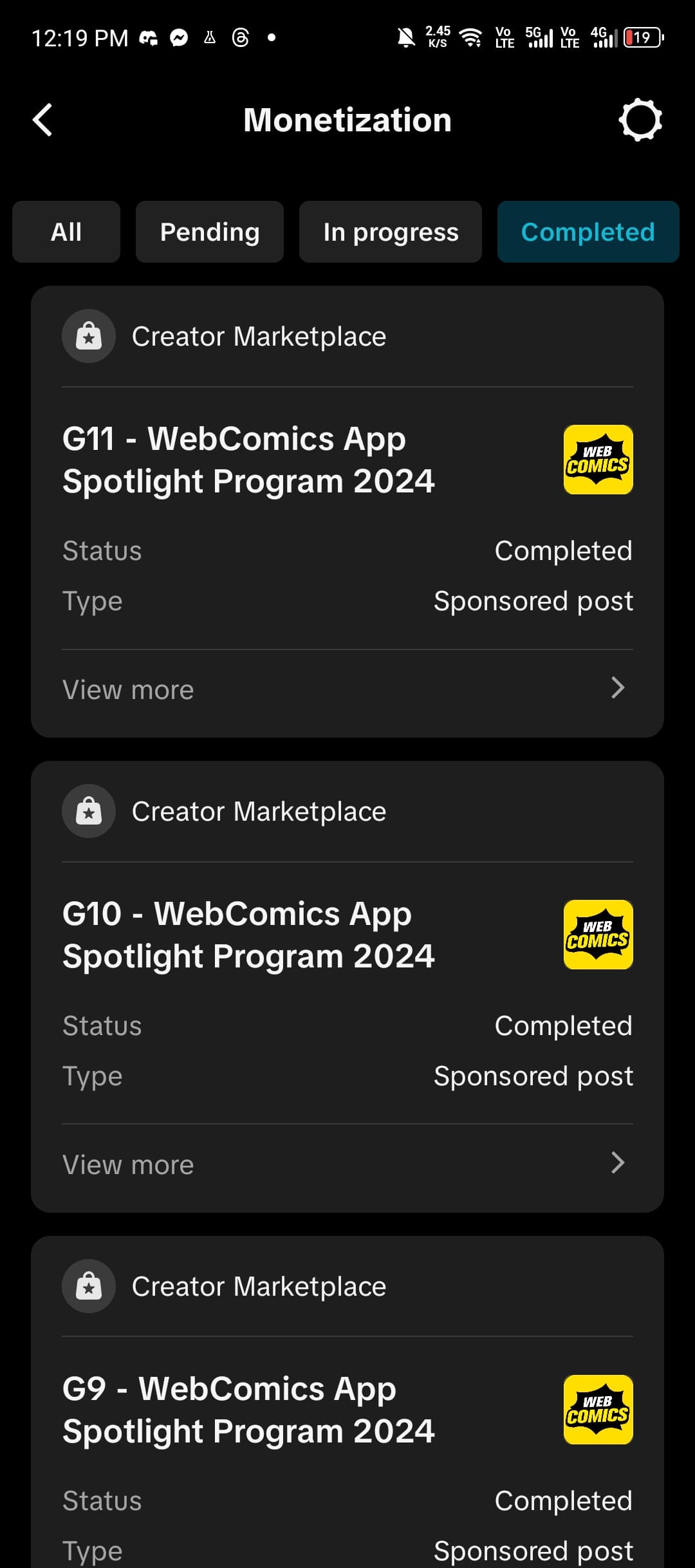 Second webcomics campaign screenshot showing past social media work proof.